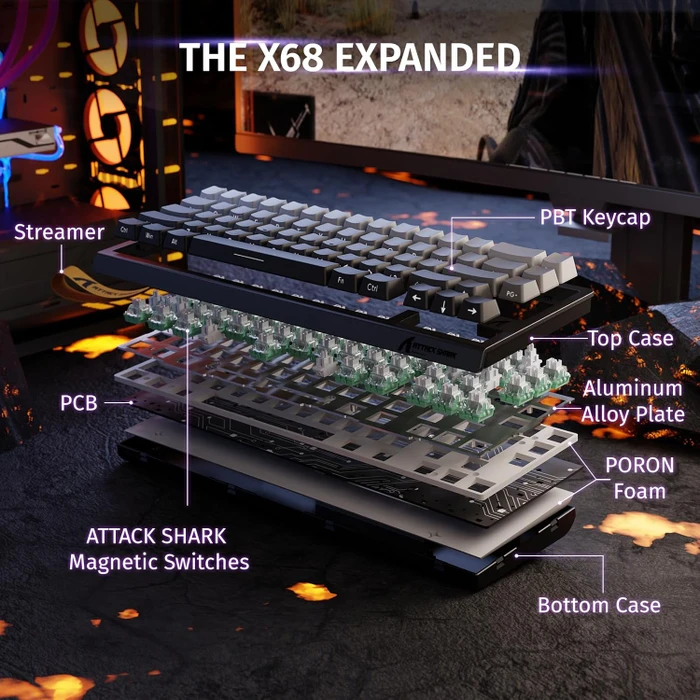 Attack Shark X68 HE Rapid Trigger Keyboard, Mondnacht, LEDs RGB, Outemu White Jade Magnetic, USB, US