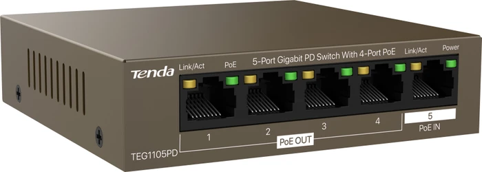Tenda TEG1100 Desktop Gigabit Switch, 5x RJ-45, 30W PoE+ PD