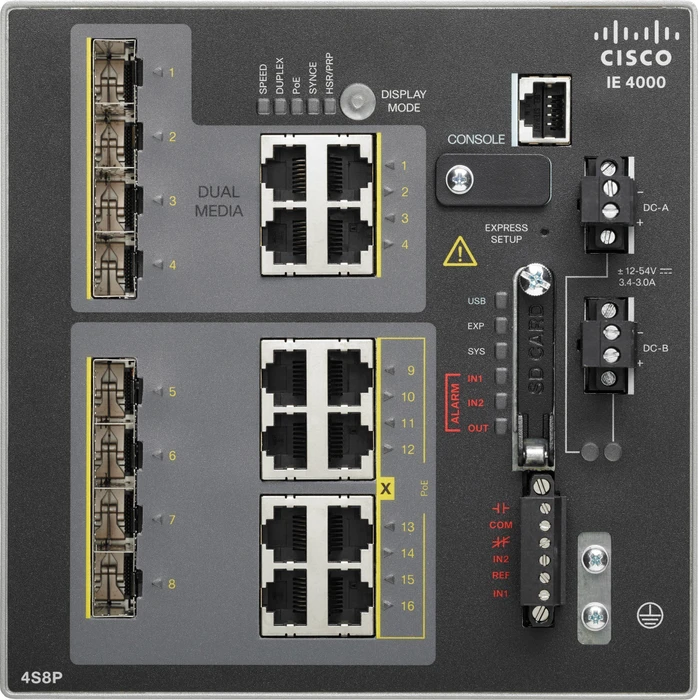 Cisco IE 4000 LAN Base Industrial Railmount Managed Switch, 8x RJ-45, 4x SFP, 4x RJ-45/SFP, 240W PoE+
