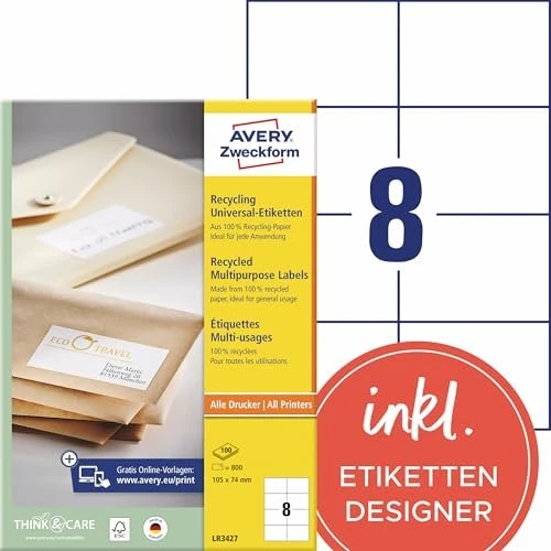 Avery-Zweckform Etiketten Recycling, 105x74mm, weiß, 100 Blatt (800 Etiketten)