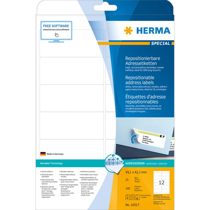 Herma Adressetiketten, 99.1x42.3mm, ablösbar, weiß, matt, 25 Blatt (300 Etiketten)