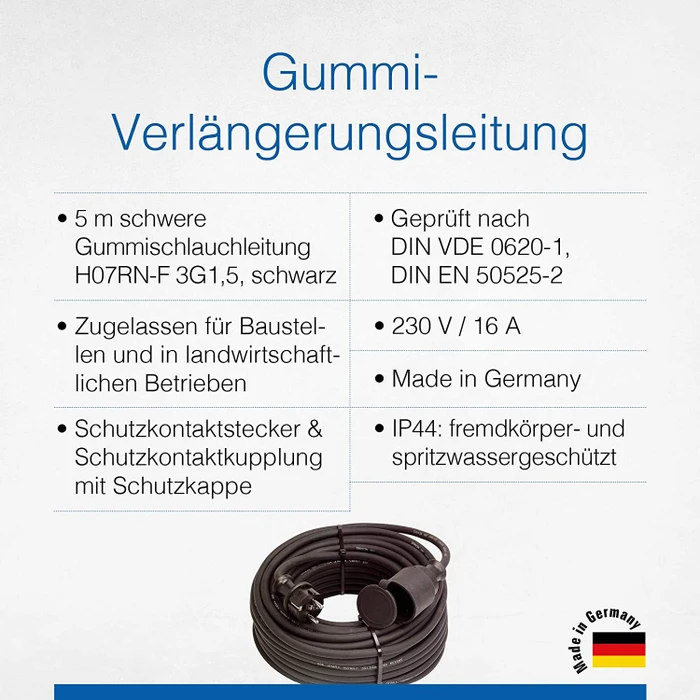 as-Schwabe Gummi Verlängerungskabel IP44 schwarz, H07RN-F 3G1.5, 5m
