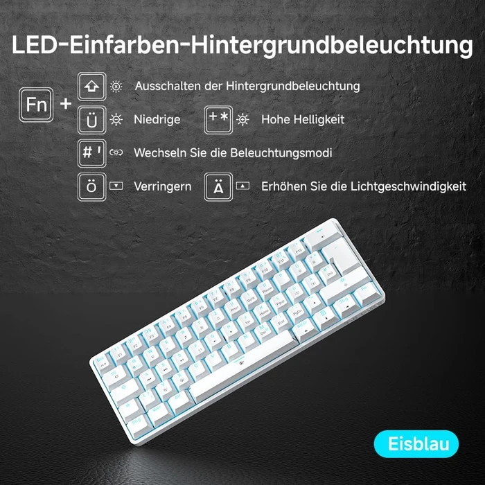 Dierya DK61SE, 60%, weiß, LEDs blau, BLUE Switches, USB, DE