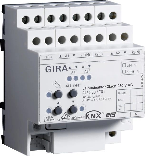 Gira KNX Jalousieaktor 2-fach 230V, 6A, 4TE REG, Schaltaktor