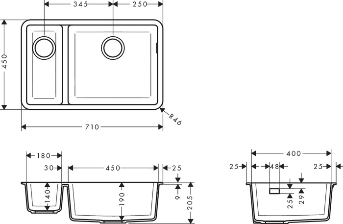 Hansgrohe S51 S510-U635 180/450 Unterbau Becken rechts graphitschwarz
