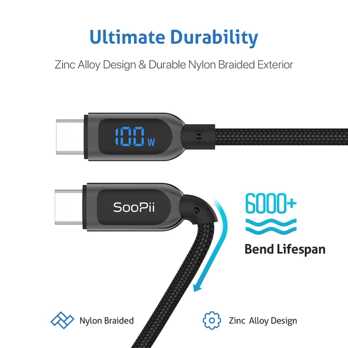 SooPii S10CC, 100W LED Display USB-C to USB-C Cable, 1.20m