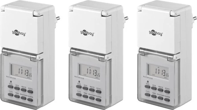 Wentronic goobay digitale Outdoor Wochenzeitschaltuhr mit Schutzklappe, IP44, weiß, 3er-Pack