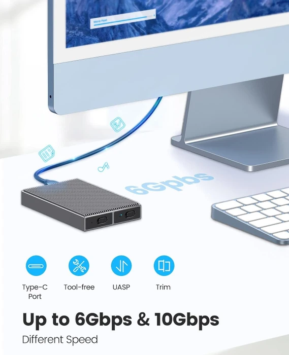 Orico Dual-bay M.2 SSD Enclosure 1x PCIe/ 1x SATA NVME, USB-C 3.1