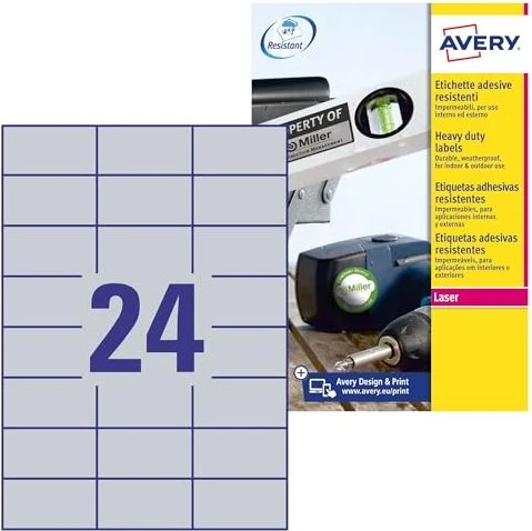 Avery-Zweckform Typenschildetiketten, 70x37mm, wetterfest, silber, matt, 20 Blatt (480 Etiketten)