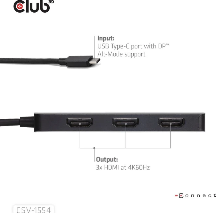 Club 3D Multi Stream Transport MST Hub, USB-C mit DisplayPort 2.1 auf 3x HDMI Adapter