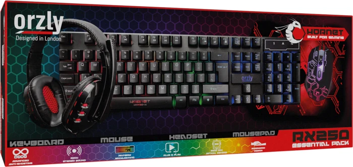 Orzly RX250 4in1 PC Gaming Essential Pack, Tastatur, Headset, Maus und Mousepad, USB, UK