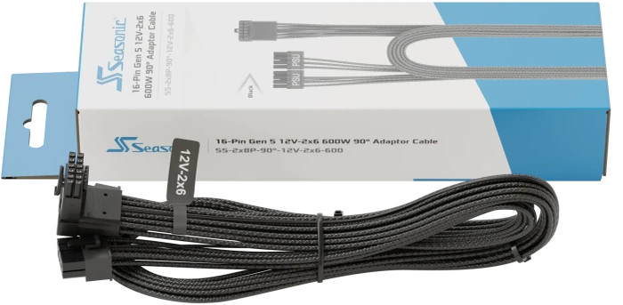 Seasonic 12V-2x6 Kabel, Adapterkabel, 2x 8-Pin PCIe Stecker auf 16-Pin PCIe 5.1 Stecker, Adapterkabel, schwarz, 90° gewinkelt, 70cm