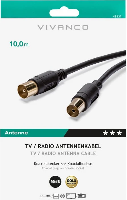 Vivanco Antennen-Kabel, Koax-Stecker - Koax-Kupplung, 90dB, 10m, schwarz