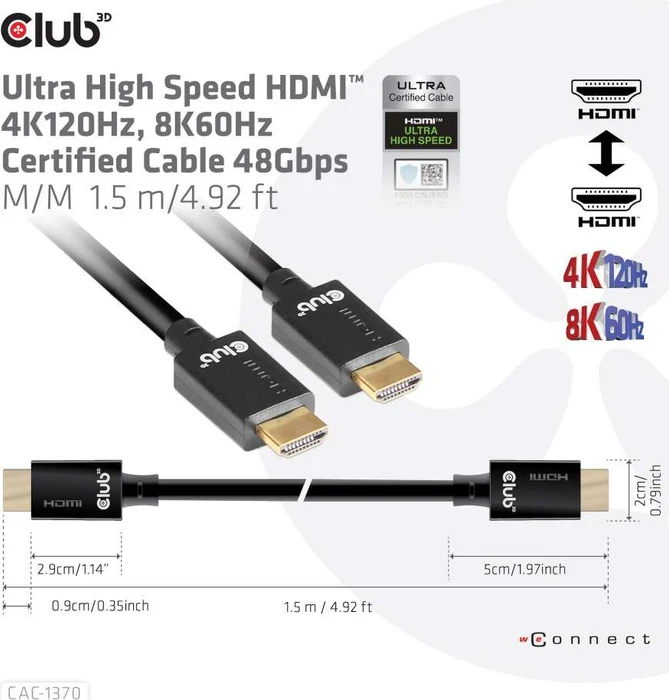 Club 3D Ultra High Speed HDMI 2.1 Kabel 4K120Hz, 8K60Hz, 48Gbps zertifiziert, 1.50m