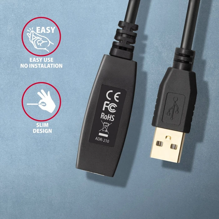 Axagon USB-A Verlängerung, USB 2.0, 480Mb/s, USB-A 2.0 [Stecker] auf USB-A 2.0 [Buchse], aktiv, Verlängerungskabel A/A, 10m