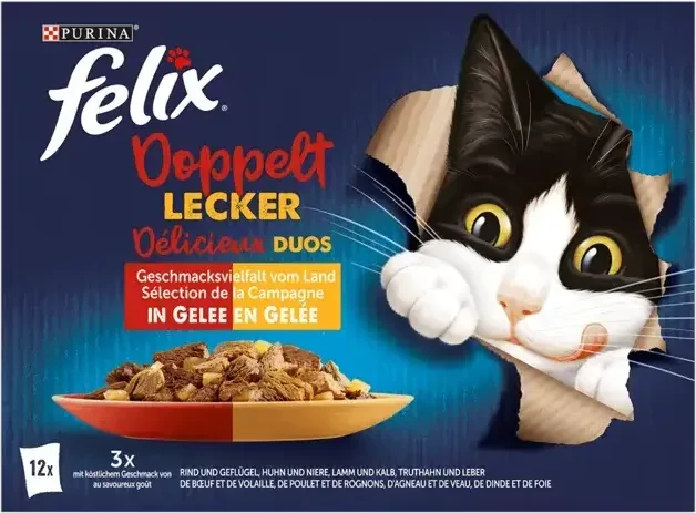 Purina Felix Doppelt lecker Geschmacksvielfalt vom Land, in Gelee, 1.02kg (12x 85g)