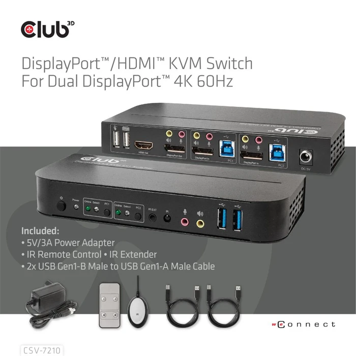 Club 3D DisplayPort/HDMI KVM-Switch for Dual DisplayPort 4K 60Hz, 2-fach
