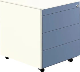 mauser Rollcontainer line, 570x600mm, 1x Utensilienauszug, 3x Materialschublade, reinweiß/taubenblau