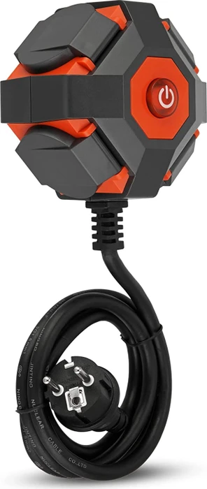 REV Ritter PowerGlobe Steckdosenwürfel mit Schalter, 4-fach, IP44, 1.4m, orange/grau