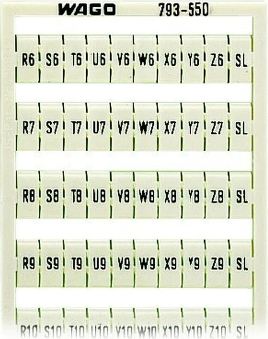 Wago WMB-Beschriftungskarte als Karte bedruckt R6, S6, T6, ..., Y6, Z6, SL bis R10,S10, T10, ..., Y10, Z10, SL (je 2x) nicht dehnbar Aufdruck waagerecht aufrastbar weiß