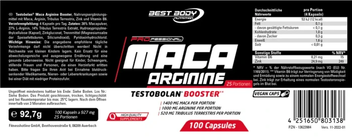Best Body Nutrition Professional Maca Arginine Testobolan Booster 100 Stück