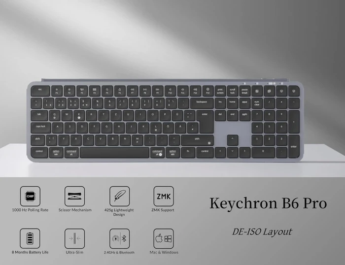 Keychron B6 Pro Ultra-Slim Wireless, Space Gray, USB/Bluetooth, DE