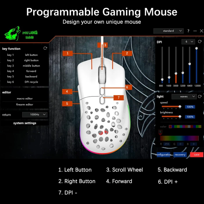 Ziyou Lang D19 RGB Gaming Mouse weiß, USB