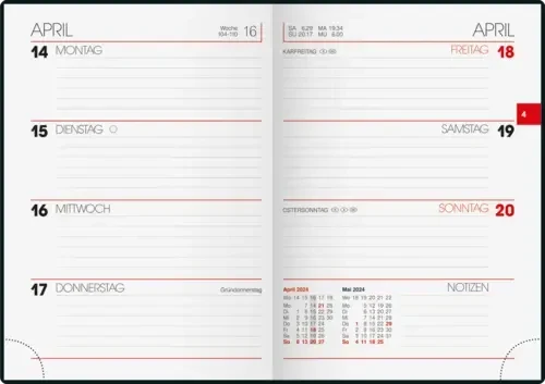 Brunnen Taschenkalender Modell 731 Wochenkalender 2024, 100x140mm, Kunstleder-Cover, schwarz, 88 Blatt