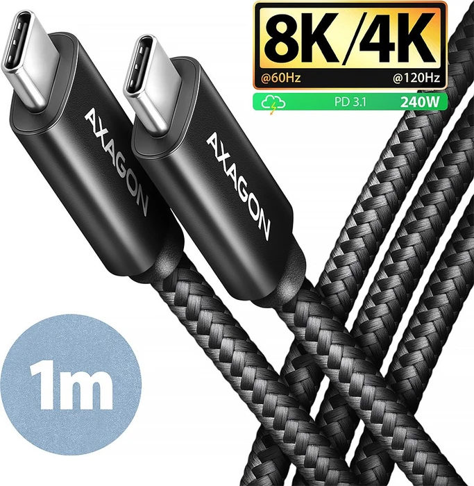 Axagon USB-C Kabel, USB4 Gen3x2, 40Gb/s, 8K60Hz, 240W PD EPR, USB-C [Stecker] auf USB-C [Stecker], 1m
