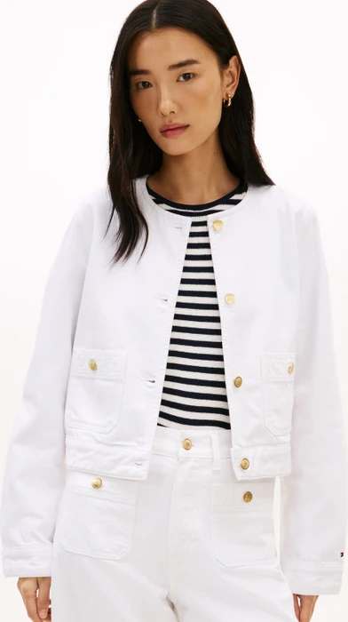 Tommy Hilfiger Kragenlos mit goldfarbenen Knöpfen Jeansjacke optic white (Damen)