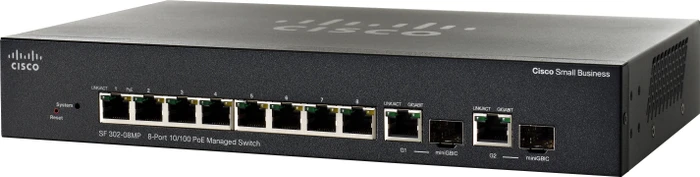 Cisco SF300 Desktop Managed Switch, 8x RJ-45, 2x RJ-45/SFP, 124W PoE