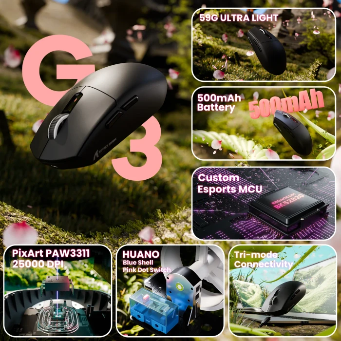 Attack Shark G3 Tri-mode Wireless Gaming Mouse, Black, USB/Bluetooth