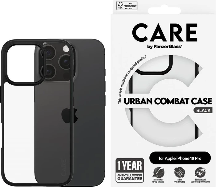 PanzerGlass Care Flagship Case Urban Combat Black Frame für Apple iPhone 16 Pro transparent