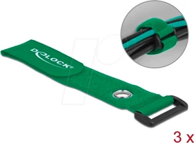 DeLOCK Klett-Kabelbinder mit Schlaufe und Befestigungsöse, 38mm, 280mm, grün, 3 Stück