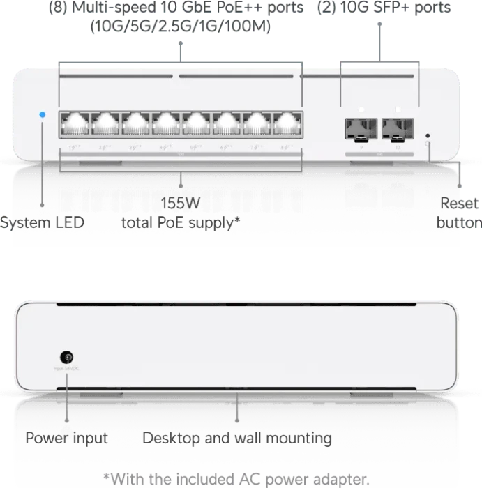 Ubiquiti UniFiSwitch Desktop 10G Managed Switch, 8x RJ-45, 2x SFP+, 155W PoE++ (USW-Pro-XG-8-PoE (155W))