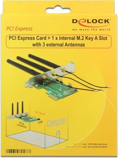 DeLOCK M.2 Key A zu PCIe x1 Adapterkarte mit externen Antennen, PCIe x1