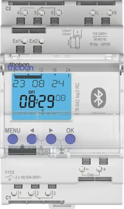 Theben TR 642 top3 BLE RC Digitale Zeitschaltuhr mit Astro-/Jahresprogramm, 2-Kanal, 3TE, Schaltaktor
