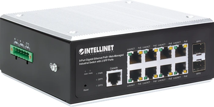 Intellinet Industrial Railmount Gigabit Managed Switch, 8x RJ-45, 2x SFP, 240W PoE+