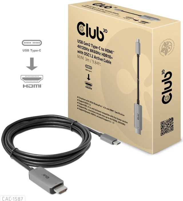 Club 3D USB-C [Stecker] auf HDMI 2.1 [Stecker] 8K 60Hz Adapterkabel schwarz, 3m