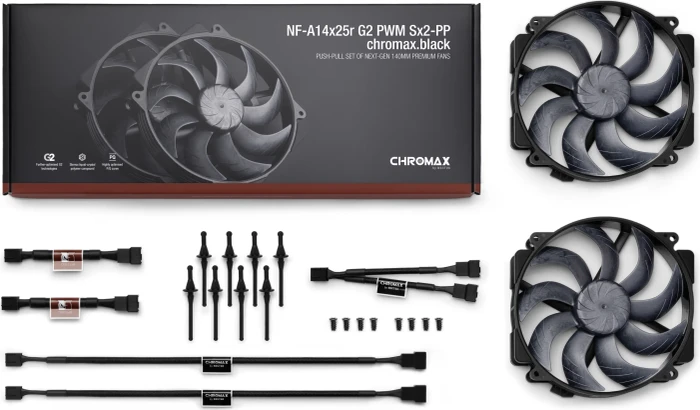 Noctua NF-A14x25r G2 PWM Sx2-PP chromax.black, 140mm, 2er-Pack