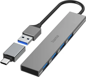 Hama USB-Hub Slim inkl. USB-C-Adapter, 4x USB-A 3.0, USB-A/USB-C 3.0 [Stecker] (00200141)