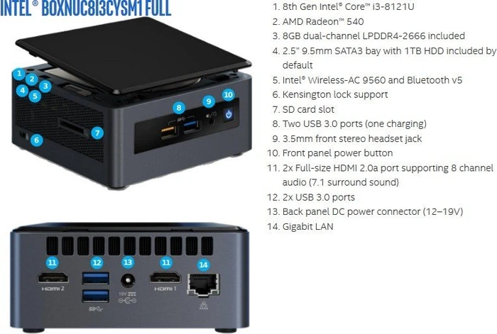 Intel NUC 8 Home Mini PC - Crimson Canyon - NUC8i3CYSN, Core i3-8121U, 4GB RAM, 1TB HDD, Radeon 540