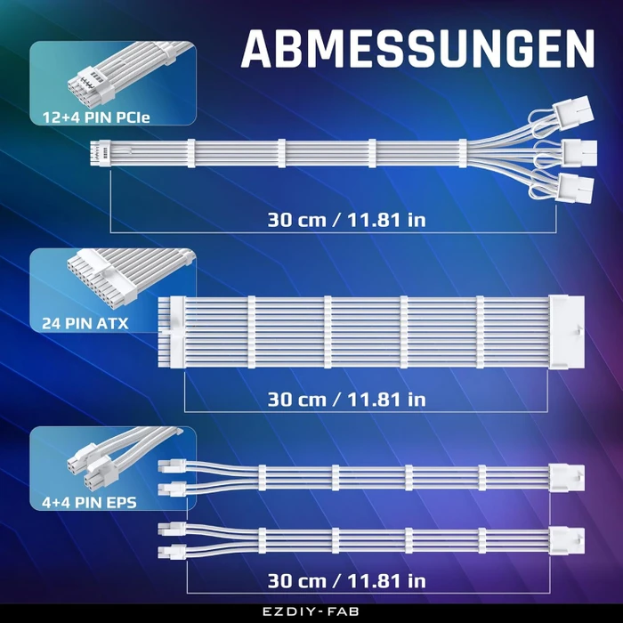 EZDIY-FAB 12VHPWR Cable Kit, 1x 24-Pin, 2x 4/8-Pin ATX, 1x 12VHPWR/3x 8-Pin PCIe, 16AWG, weiß