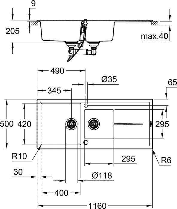 Grohe K400 80-C 116/50 1.5 rev Einbau Becken reversibel granit schwarz