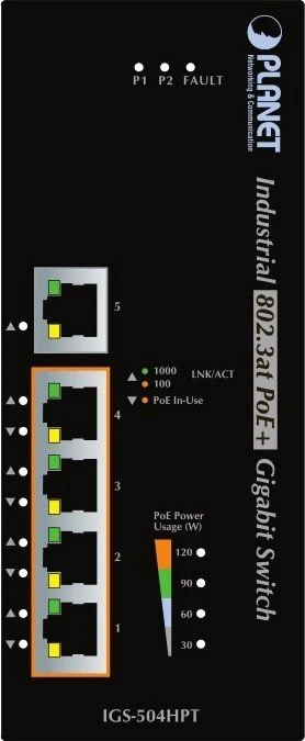 Planet IGS-504HPT Industrial Railmount Gigabit Managed Switch, 5x RJ-45, 120W PoE+