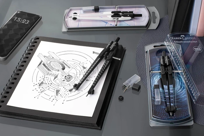 Faber-Castell Shiny Twist Schnellverstellzirkel, schwarz/blau, Klarsichtetui