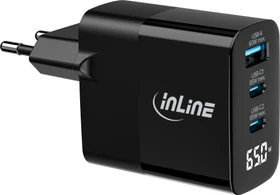 InLine 3-Port GaN Netzteil, USB-C/USB-A, 2x USB-C + 1x USB-A, 65W, schwarz