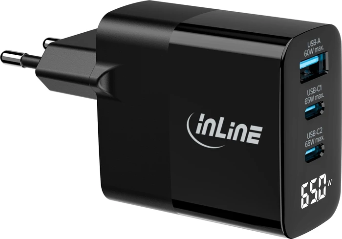 InLine 3-Port GaN Netzteil, USB-C/USB-A, 2x USB-C + 1x USB-A, 65W, schwarz