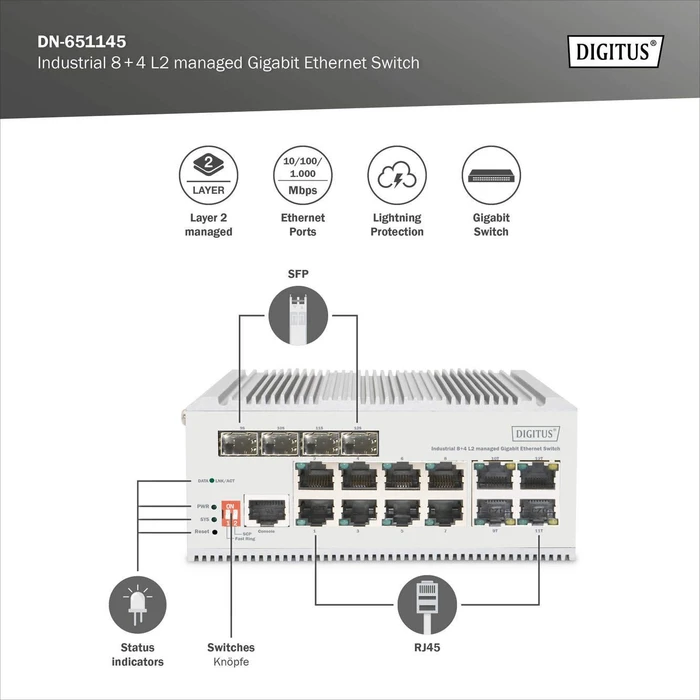 Digitus DN-65 Industrial Railmount Gigabit Managed Switch, 8x RJ-45, 4x RJ-45/SFP