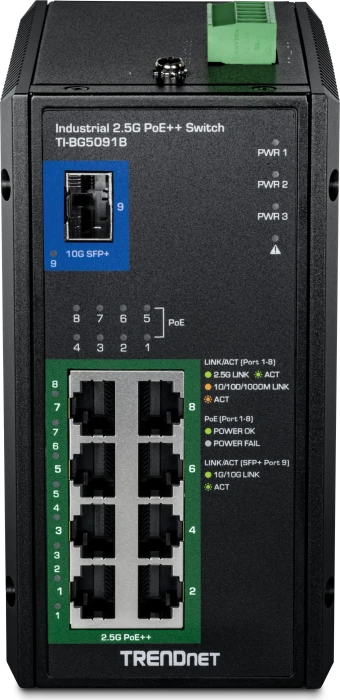 TRENDnet TI Hardened Industrial Railmount 2.5G Switch, 8x RJ-45, 1x SFP+, 480W PoE++